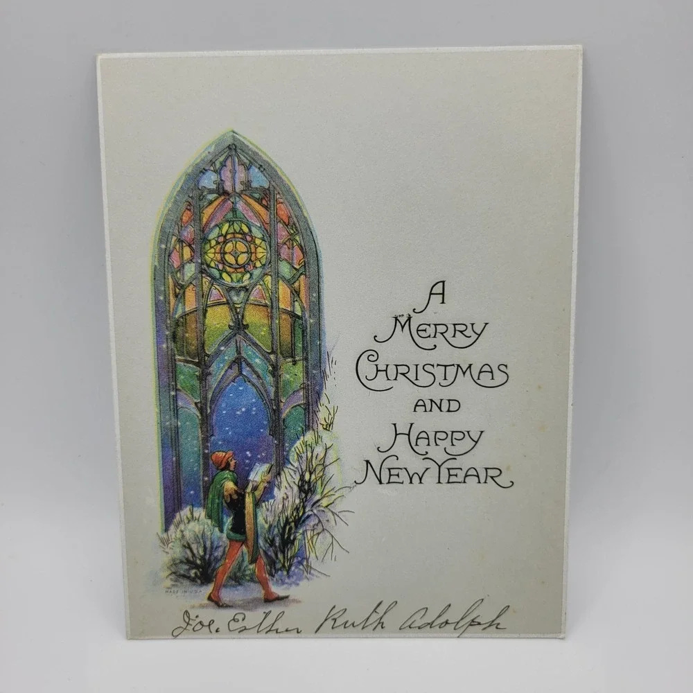 Vintage Merry Christmas Happy New Year Stained Glass Greeting Card‎